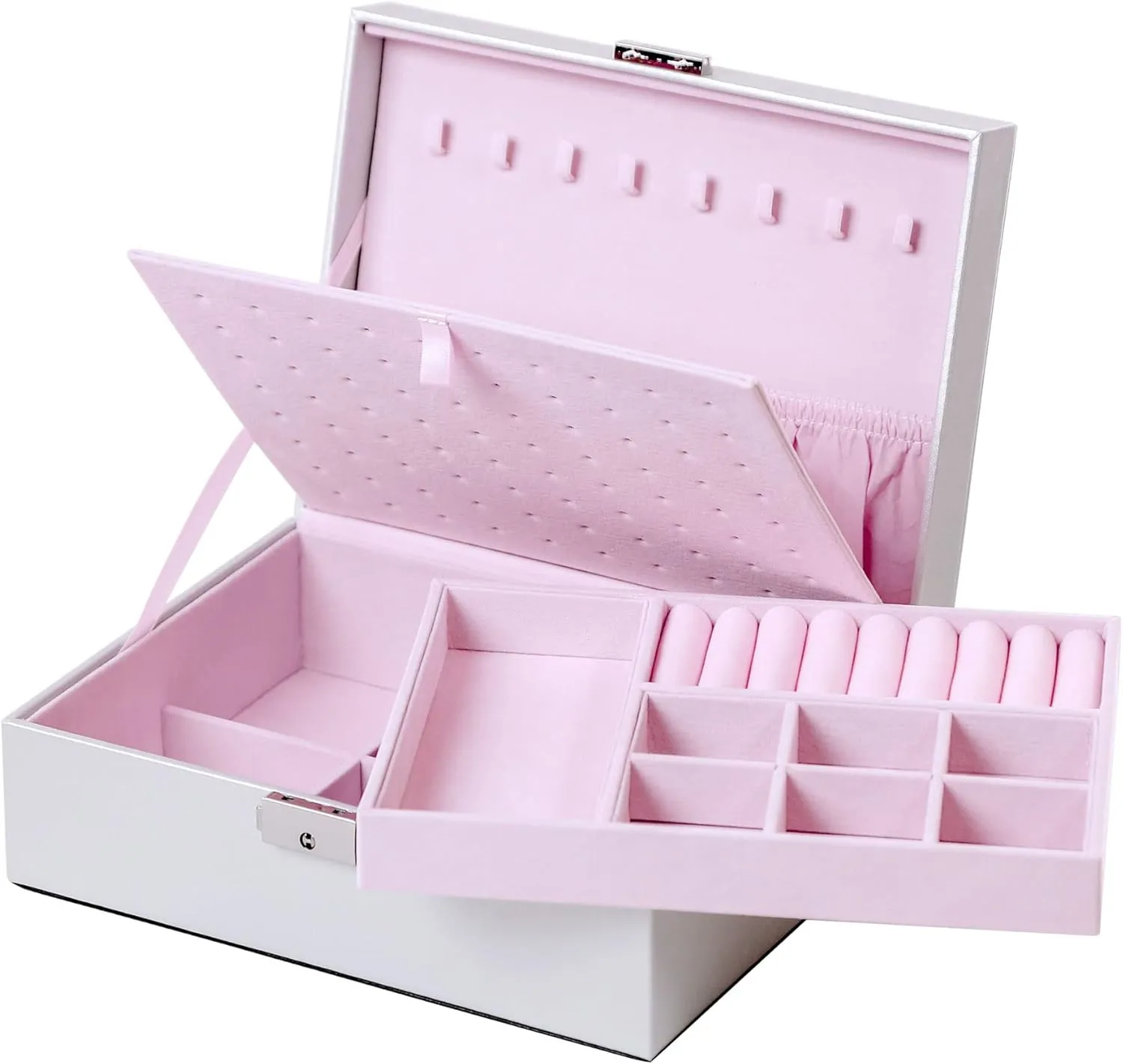 Case, Lockable PU Leather & Soft Velvet Lined Portable Travel Jewelry Storage privilege infancy swampy entertainment for Earrings Bracelets Rings Necklaces (Pearlize Silver) Kendal Jewelry Box for Women Girls, 2 Layer Jewelry Organizer 