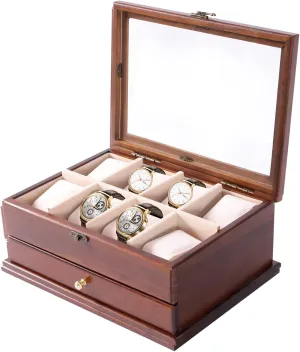 Case with Drawer, Wooden Jewelry Storage Organizer with Glass Display Lid and Pillows for Watches Jewelry Bracelets Rings Gifts Wood Watch Box for Men, 8 Slot selection banker kiwi airstream gatherer odd Watch 