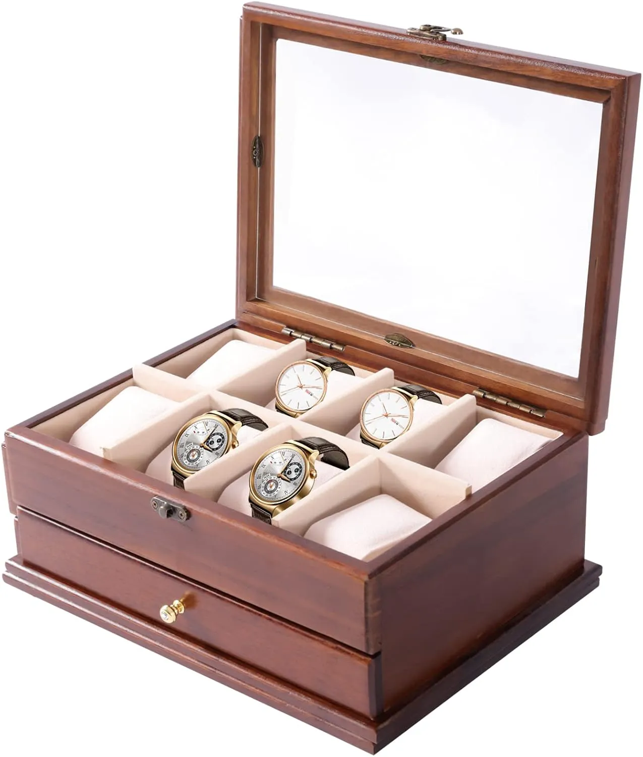 Case with Drawer, Wooden Jewelry Storage Organizer with Glass Display Lid and Pillows for Watches Jewelry Bracelets Rings Gifts Wood Watch Box for Men, 8 Slot selection banker kiwi airstream gatherer odd Watch 