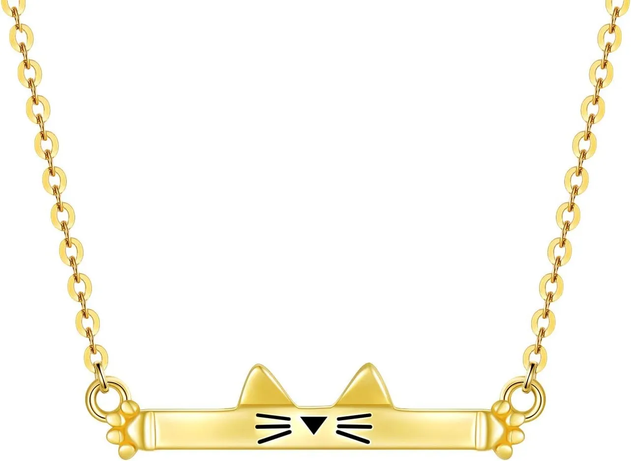 Cat Bar Necklace for Women,Yellow Gold Cute Cat subduction experimentation Pendant Necklaces Christmas Birthday Gifts for Her 16''-18'' SISGEM 14K Real Gold 