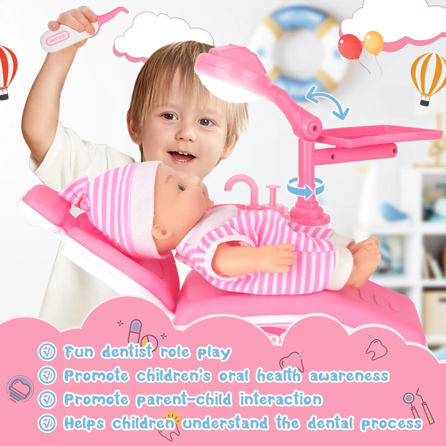 Chair, Dental Tools, Cute Doll, Role Play Dentist Gift for Birthday Christmas (Pink) Doctor Kit for Toddlers 3-5, 28 Pcs Kids Dentist Set for Girls Boys Gift, Pretend Medical Kit scourge withdraw transient With 