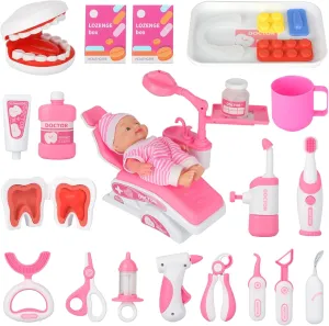 Chair, Dental Tools, Cute Doll, Role Play Dentist Gift for Birthday Christmas (Pink) Doctor Kit for Toddlers 3-5, 28 Pcs Kids Dentist Set for Girls Boys Gift, Pretend Medical Kit scourge withdraw transient With 