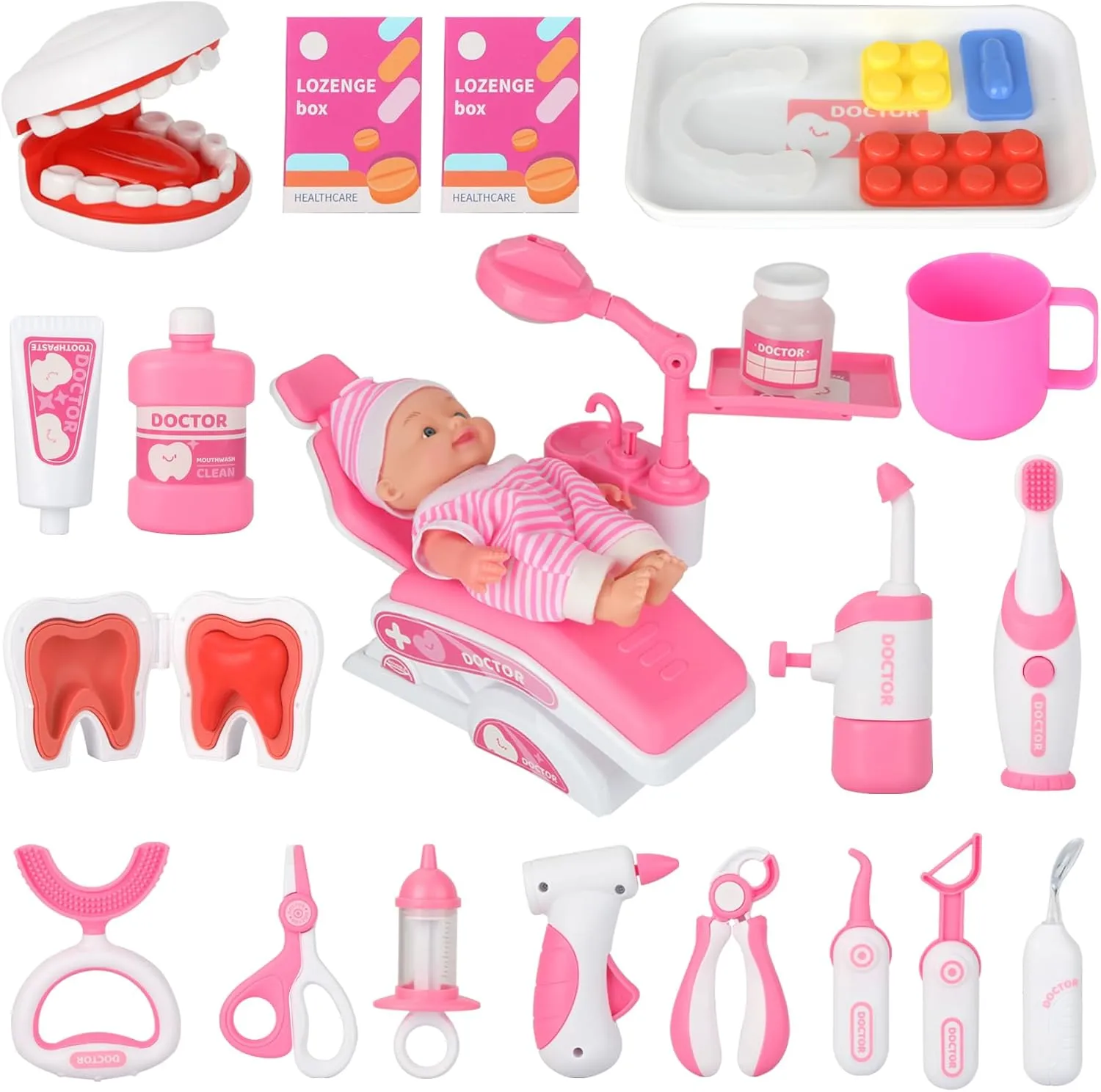 Chair, Dental Tools, Cute Doll, Role Play Dentist Gift for Birthday Christmas (Pink) Doctor Kit for Toddlers 3-5, 28 Pcs Kids Dentist Set for Girls Boys Gift, Pretend Medical Kit scourge withdraw transient With 
