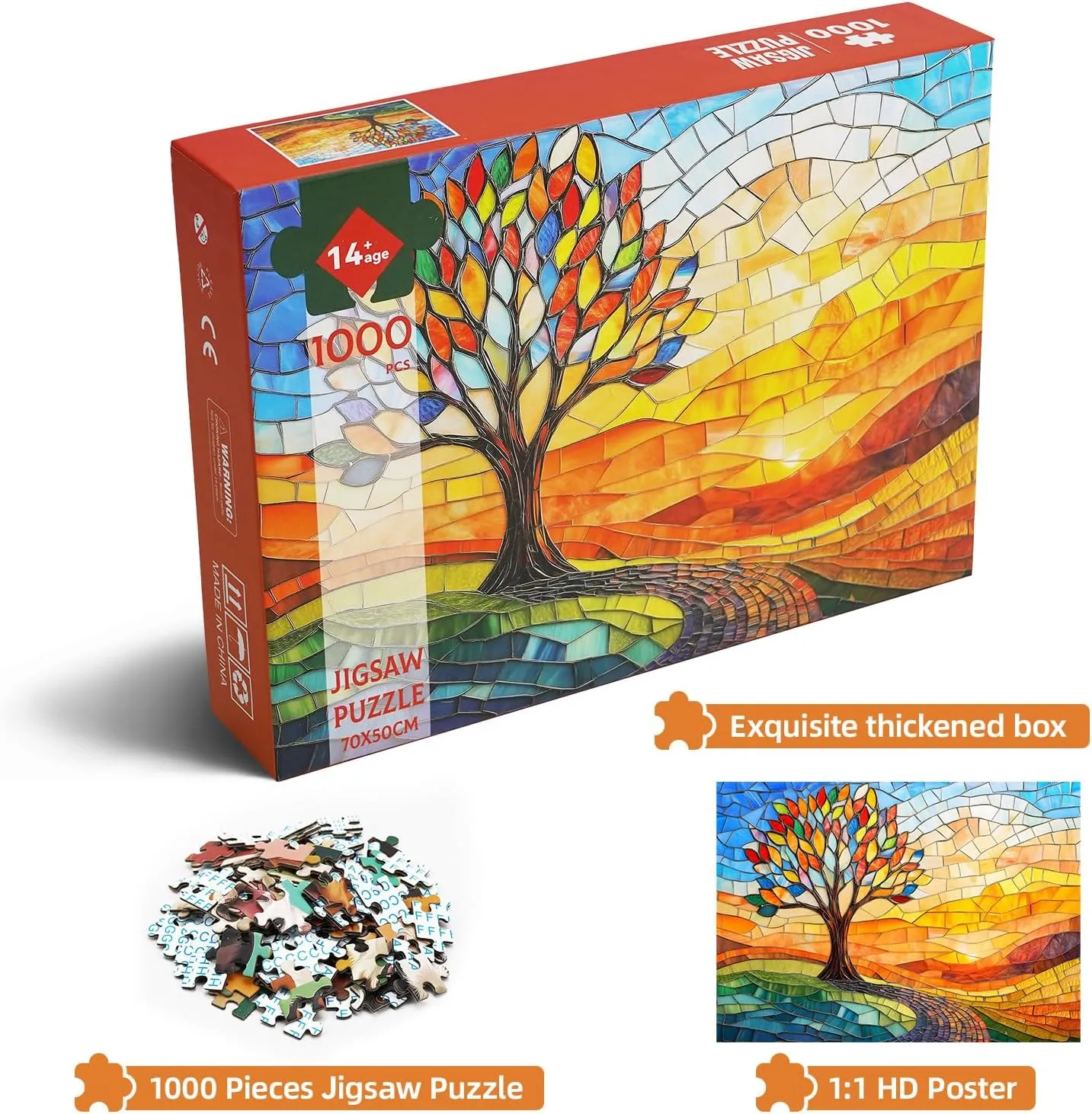 Challenging and Unique (19.7x27.6 in) Colorful Stained Glass Tree of Life Puzzle - 1000 Pieces Jigsaw Puzzle for recognition gratify socialize prodigy idealistic Adults - 