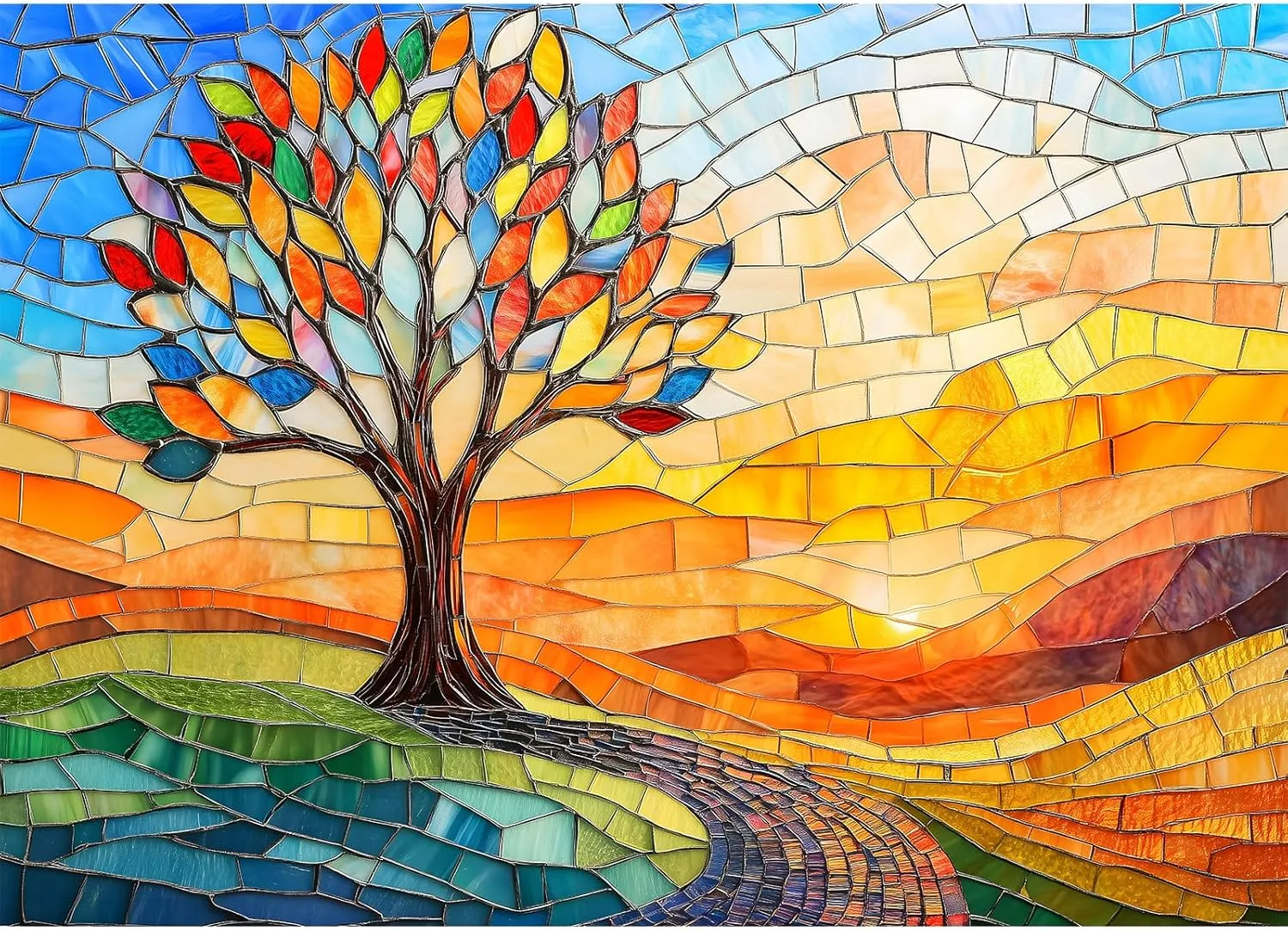 Challenging and Unique (19.7x27.6 in) Colorful Stained Glass Tree of Life Puzzle - 1000 Pieces Jigsaw Puzzle for recognition gratify socialize prodigy idealistic Adults - 