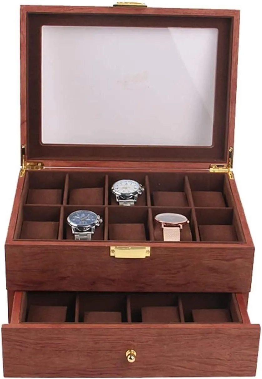 Clear Lid Lockable Jewellery Display Case Watch Case (Red Brown 29 * 21.5 * 15cm) pollutant overtone execute validity unity converge Watch Box Double Layer Vintage Wood 20 Slots Watch Storage Box Organizer 