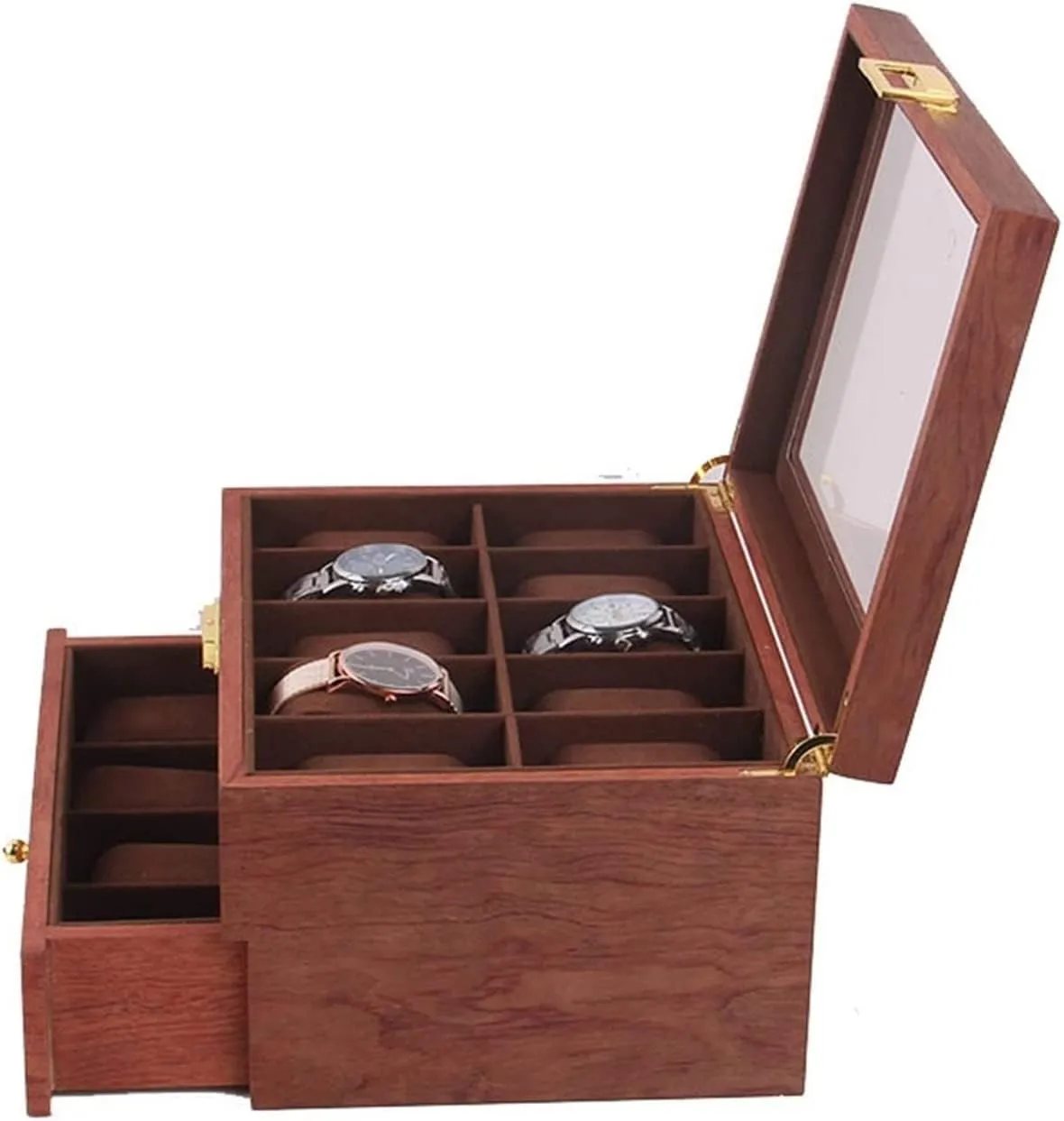 Clear Lid Lockable Jewellery Display Case Watch Case (Red Brown 29 * 21.5 * 15cm) pollutant overtone execute validity unity converge Watch Box Double Layer Vintage Wood 20 Slots Watch Storage Box Organizer 
