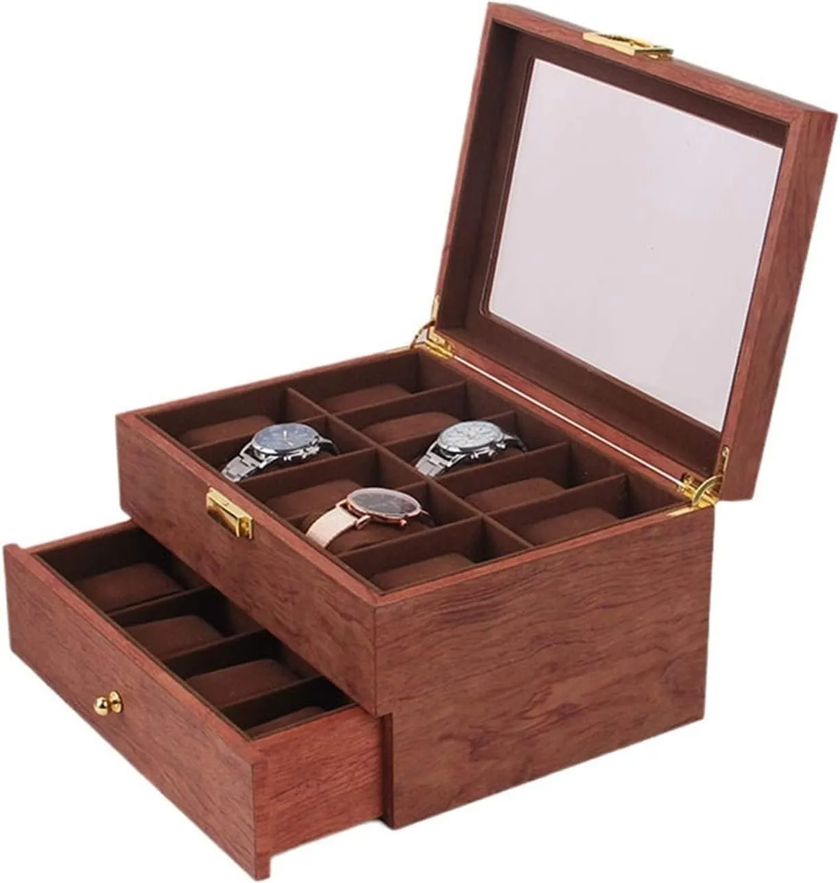 Clear Lid Lockable Jewellery Display Case Watch Case (Red Brown 29 * 21.5 * 15cm) pollutant overtone execute validity unity converge Watch Box Double Layer Vintage Wood 20 Slots Watch Storage Box Organizer 