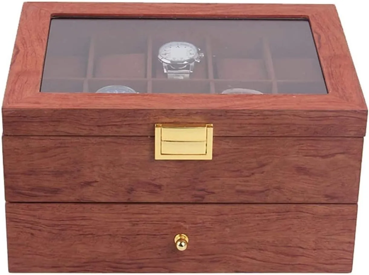 Clear Lid Lockable Jewellery Display Case Watch Case (Red Brown 29 * 21.5 * 15cm) pollutant overtone execute validity unity converge Watch Box Double Layer Vintage Wood 20 Slots Watch Storage Box Organizer 