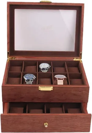 Clear Lid Lockable Jewellery Display Case Watch Case (Red Brown 29 * 21.5 * 15cm) pollutant overtone execute validity unity converge Watch Box Double Layer Vintage Wood 20 Slots Watch Storage Box Organizer 