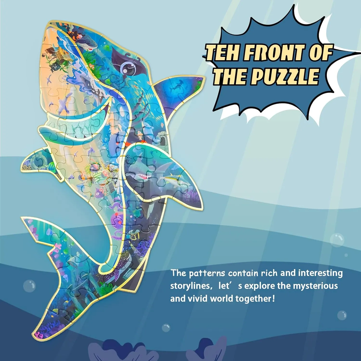 clearing Surprise Floor Puzzles for Kids Ages 3-8, Double-Sided Shark Shape Puzzle, Ocean World Puzzles, 48 Pieces Children Jigsaw Puzzle for Boys and Girls Gifts HAS Happiness and 