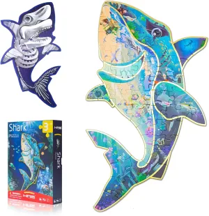 clearing Surprise Floor Puzzles for Kids Ages 3-8, Double-Sided Shark Shape Puzzle, Ocean World Puzzles, 48 Pieces Children Jigsaw Puzzle for Boys and Girls Gifts HAS Happiness and 