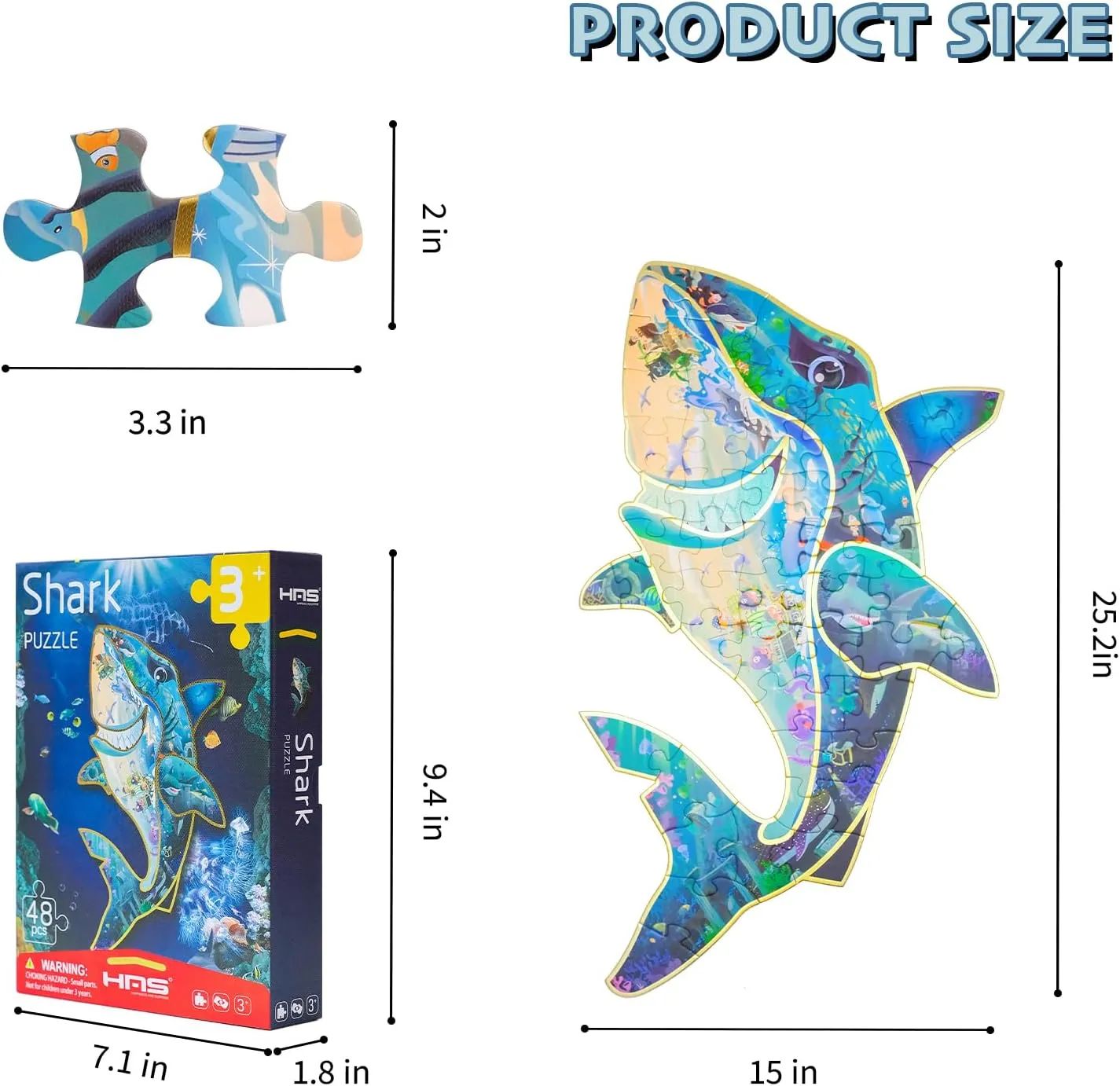 clearing Surprise Floor Puzzles for Kids Ages 3-8, Double-Sided Shark Shape Puzzle, Ocean World Puzzles, 48 Pieces Children Jigsaw Puzzle for Boys and Girls Gifts HAS Happiness and 