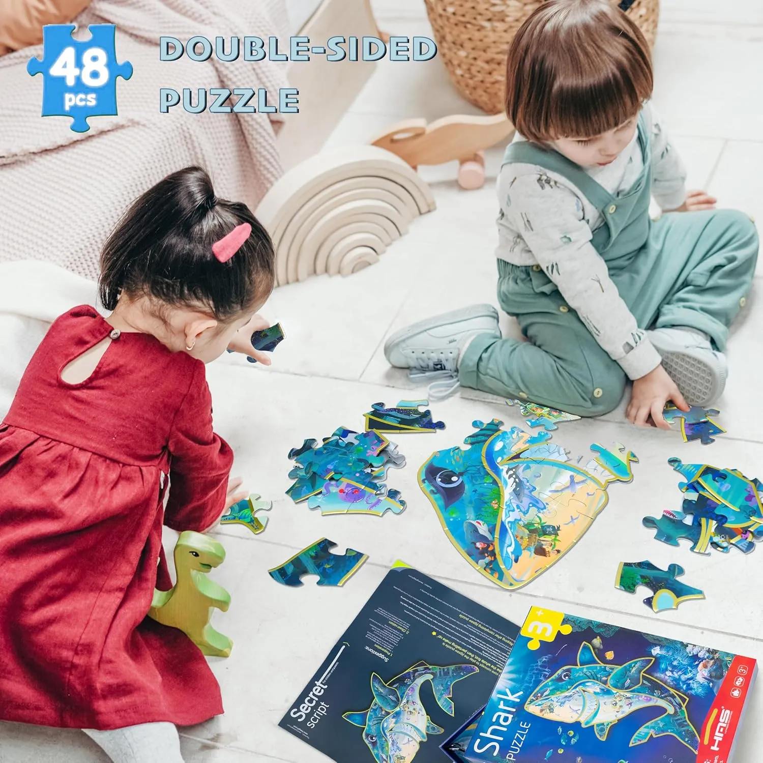 clearing Surprise Floor Puzzles for Kids Ages 3-8, Double-Sided Shark Shape Puzzle, Ocean World Puzzles, 48 Pieces Children Jigsaw Puzzle for Boys and Girls Gifts HAS Happiness and 