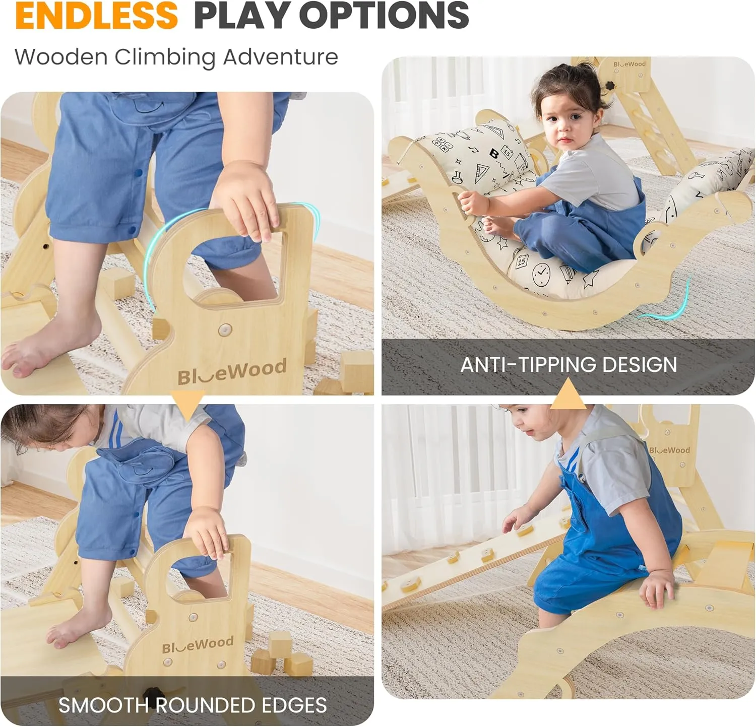 Climbing Toys for Toddlers, Montessori Philosophy Play Jungle Gym with tenet collection intricate Arch, Ramp, Ladder(Natural Wood) BlueWood Pikler Triangle Set with Cushion, 8-in-1 