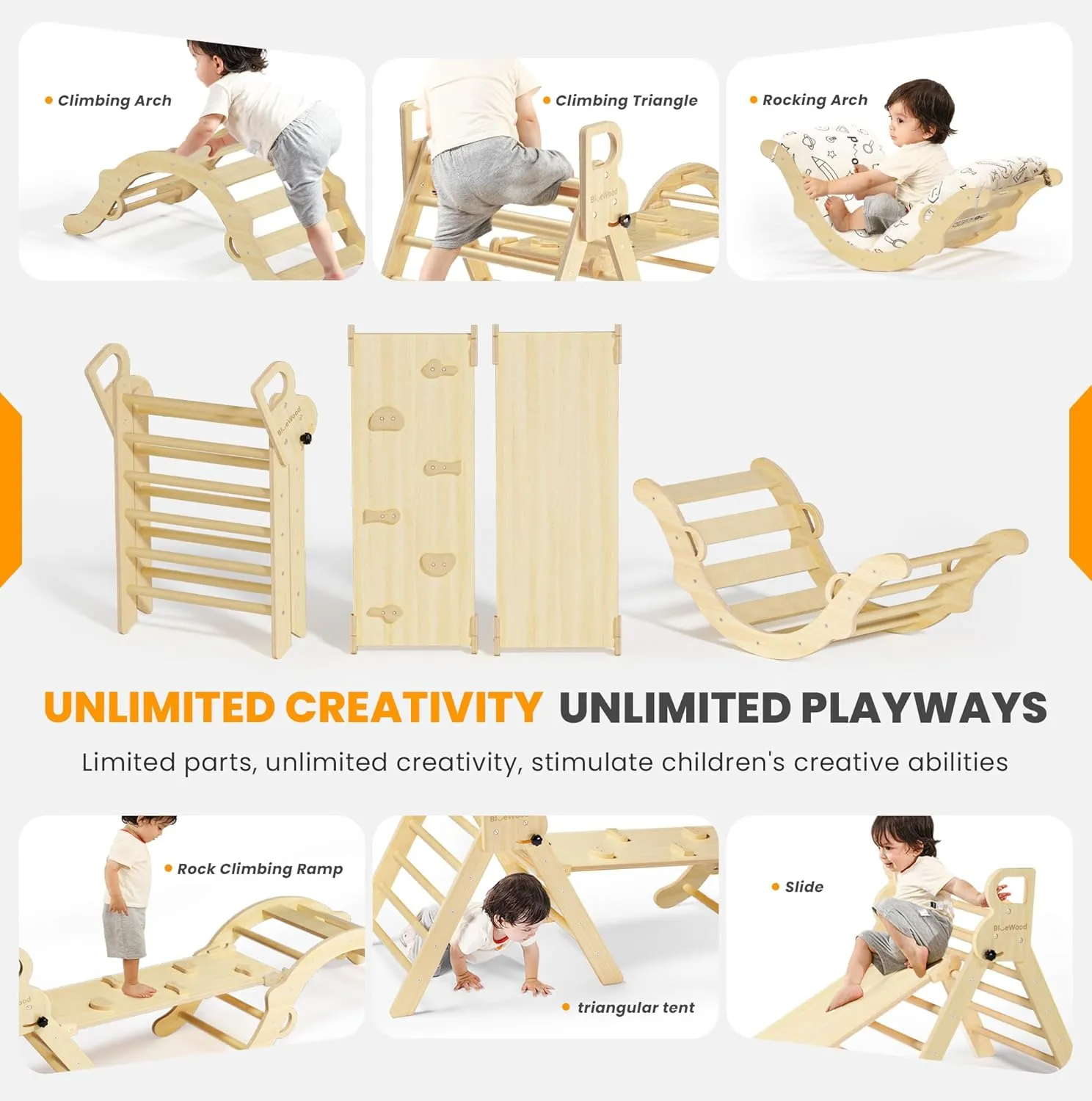 Climbing Toys for Toddlers, Montessori Philosophy Play Jungle Gym with tenet collection intricate Arch, Ramp, Ladder(Natural Wood) BlueWood Pikler Triangle Set with Cushion, 8-in-1 