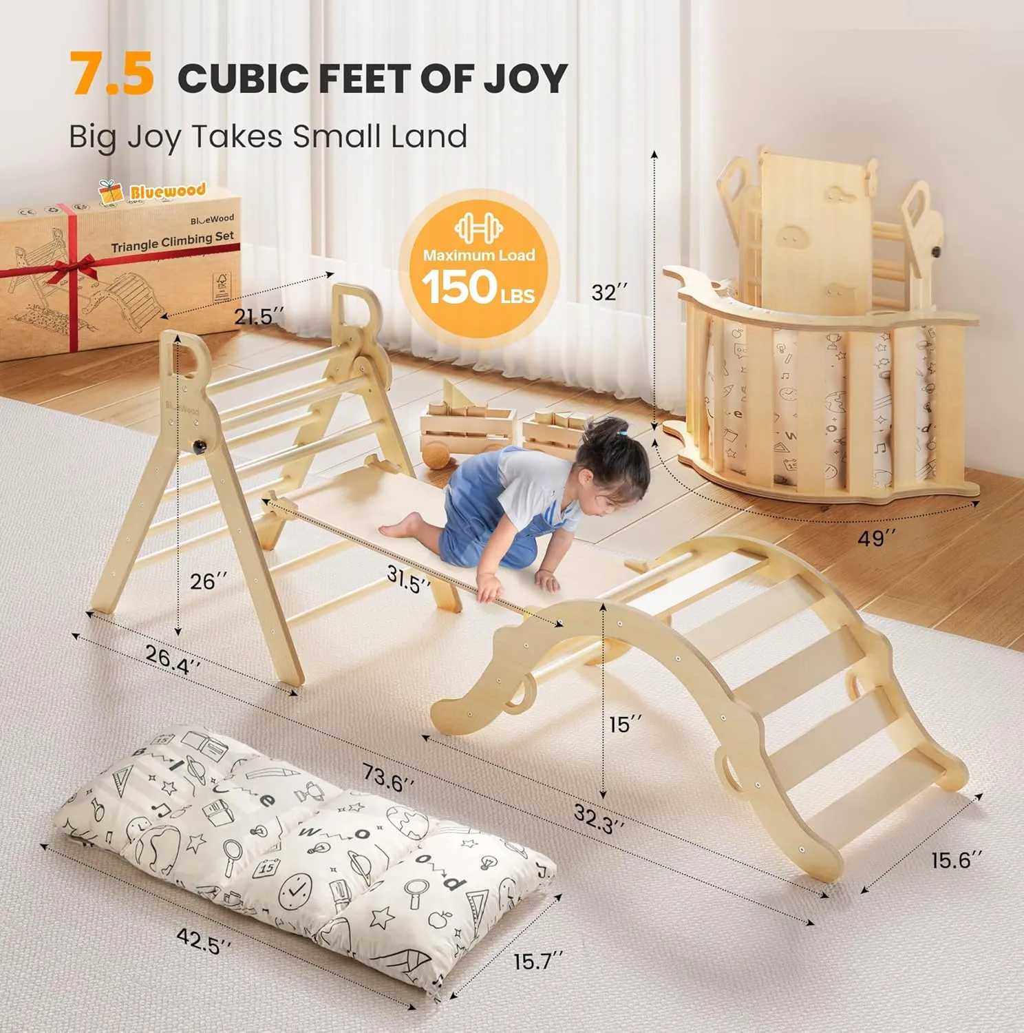 Climbing Toys for Toddlers, Montessori Philosophy Play Jungle Gym with tenet collection intricate Arch, Ramp, Ladder(Natural Wood) BlueWood Pikler Triangle Set with Cushion, 8-in-1 