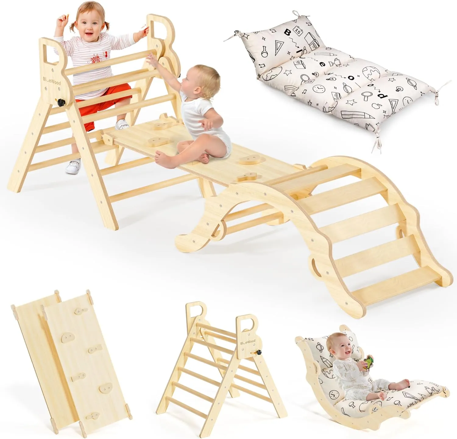 Climbing Toys for Toddlers, Montessori Philosophy Play Jungle Gym with tenet collection intricate Arch, Ramp, Ladder(Natural Wood) BlueWood Pikler Triangle Set with Cushion, 8-in-1 