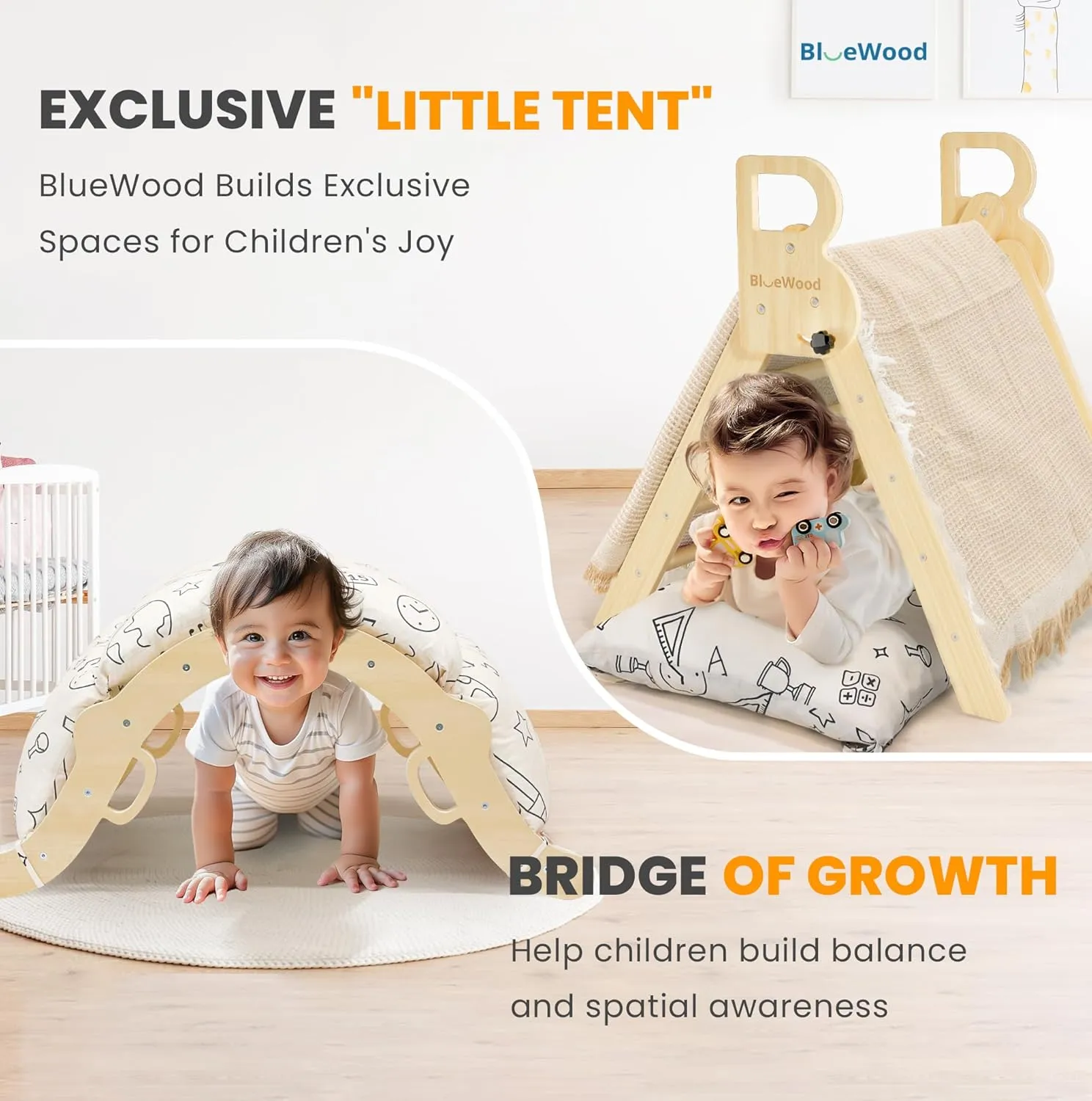 Climbing Toys for Toddlers, Montessori Philosophy Play Jungle Gym with tenet collection intricate Arch, Ramp, Ladder(Natural Wood) BlueWood Pikler Triangle Set with Cushion, 8-in-1 