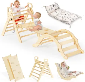 Climbing Toys for Toddlers, Montessori Philosophy Play Jungle Gym with tenet collection intricate Arch, Ramp, Ladder(Natural Wood) BlueWood Pikler Triangle Set with Cushion, 8-in-1 