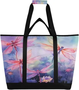Collapsible emergency Portable Cooler Tote Bag for Picnic, Camping, Office, Travel Watercolor Dragonflies Reusable Insulated Lunchbox Cooler Bag, Leakproof Kitchen Grocery Bag 