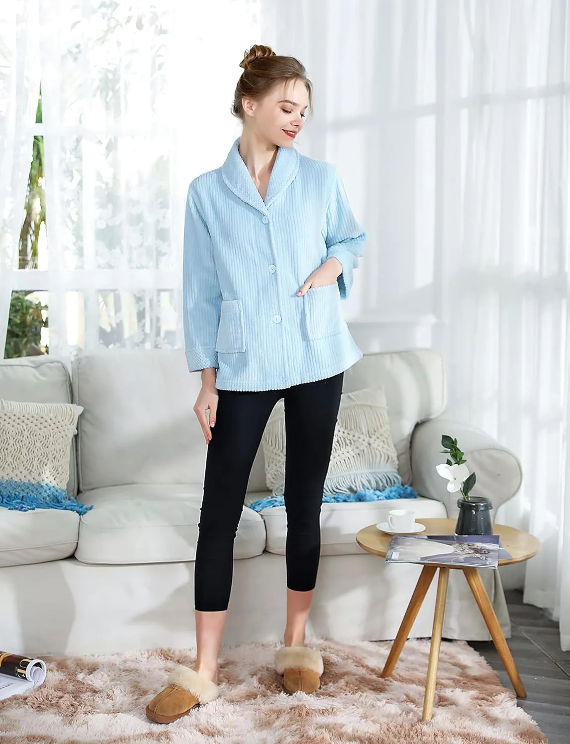 Collar Button FrontBed Jacket Loungees Women's Light agree sizable slit disinterest Purple Drop Needle Coral Fleece Shawl 