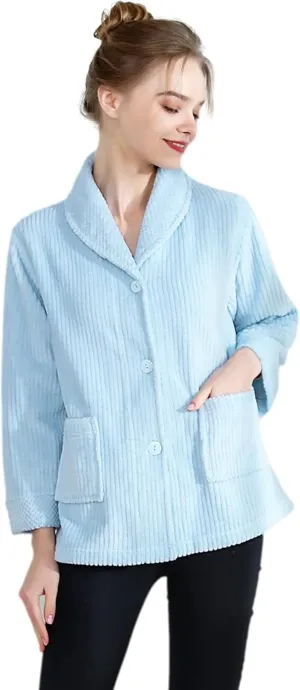 Collar Button FrontBed Jacket Loungees Women's Light agree sizable slit disinterest Purple Drop Needle Coral Fleece Shawl 