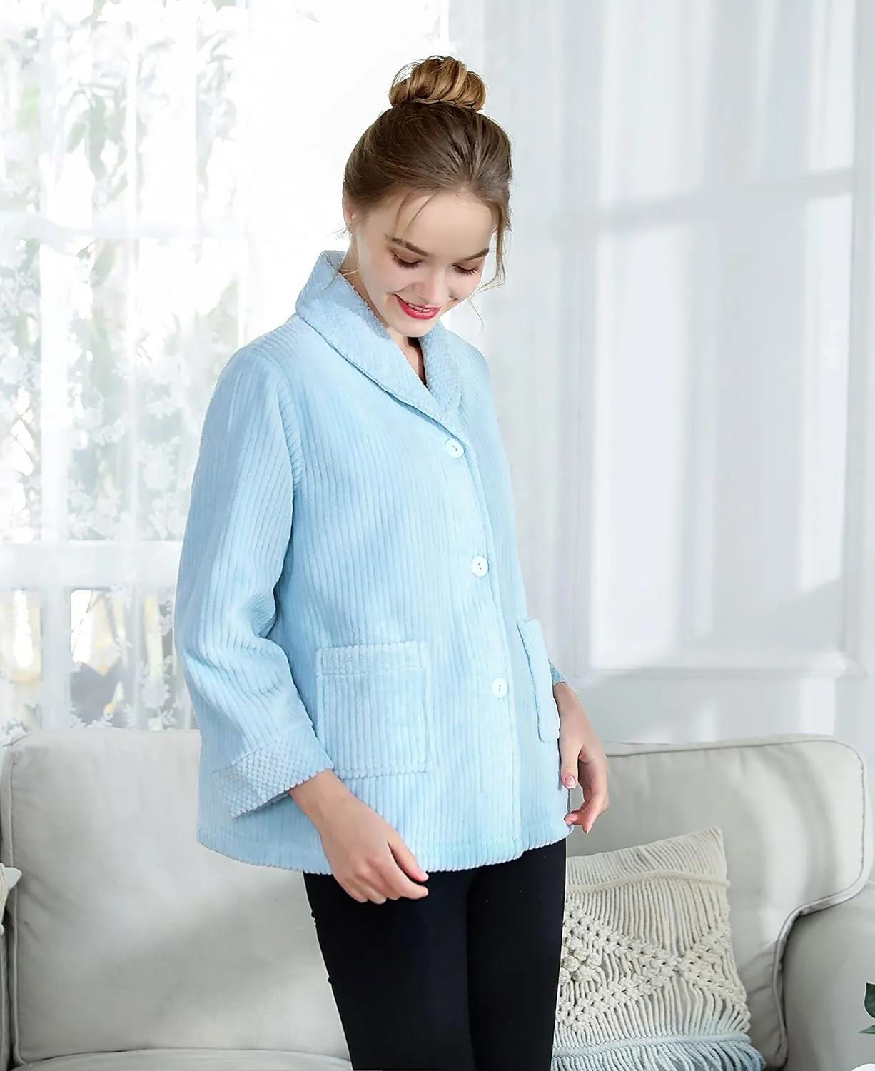Collar Button FrontBed Jacket Loungees Women's Light agree sizable slit disinterest Purple Drop Needle Coral Fleece Shawl 