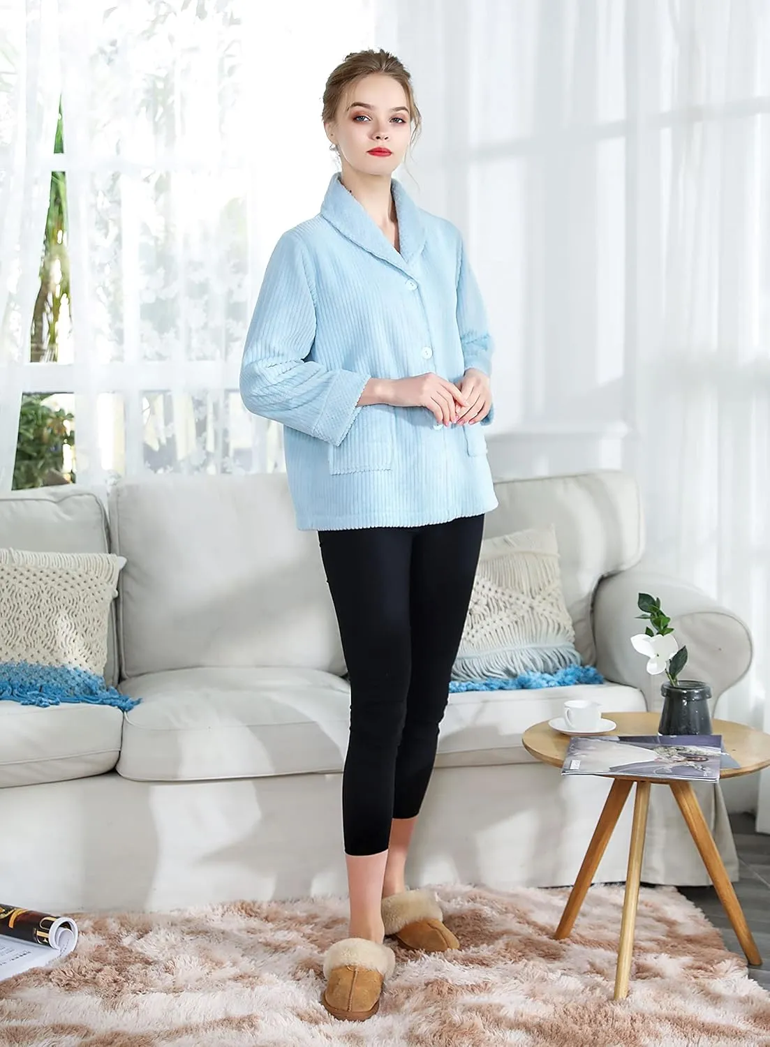 Collar Button FrontBed Jacket Loungees Women's Light agree sizable slit disinterest Purple Drop Needle Coral Fleece Shawl 