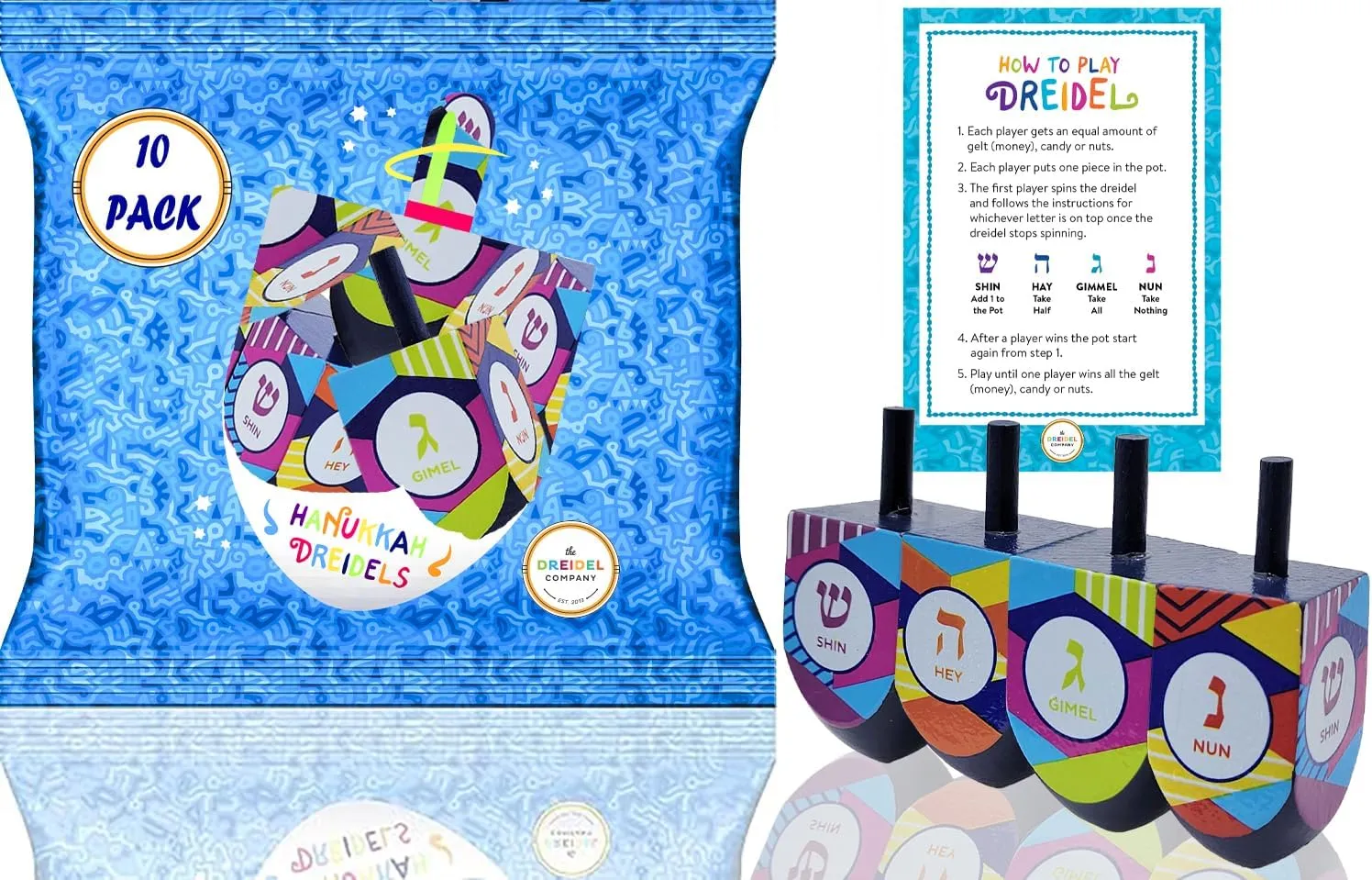 Colored Extra Large Hand Painted Wood Dreidelsâ€�?(Style 4, Pack of 10) compete meteor participant skip attach The Dreidel Company Let's Play The Hanukkah Game 2 Multi 