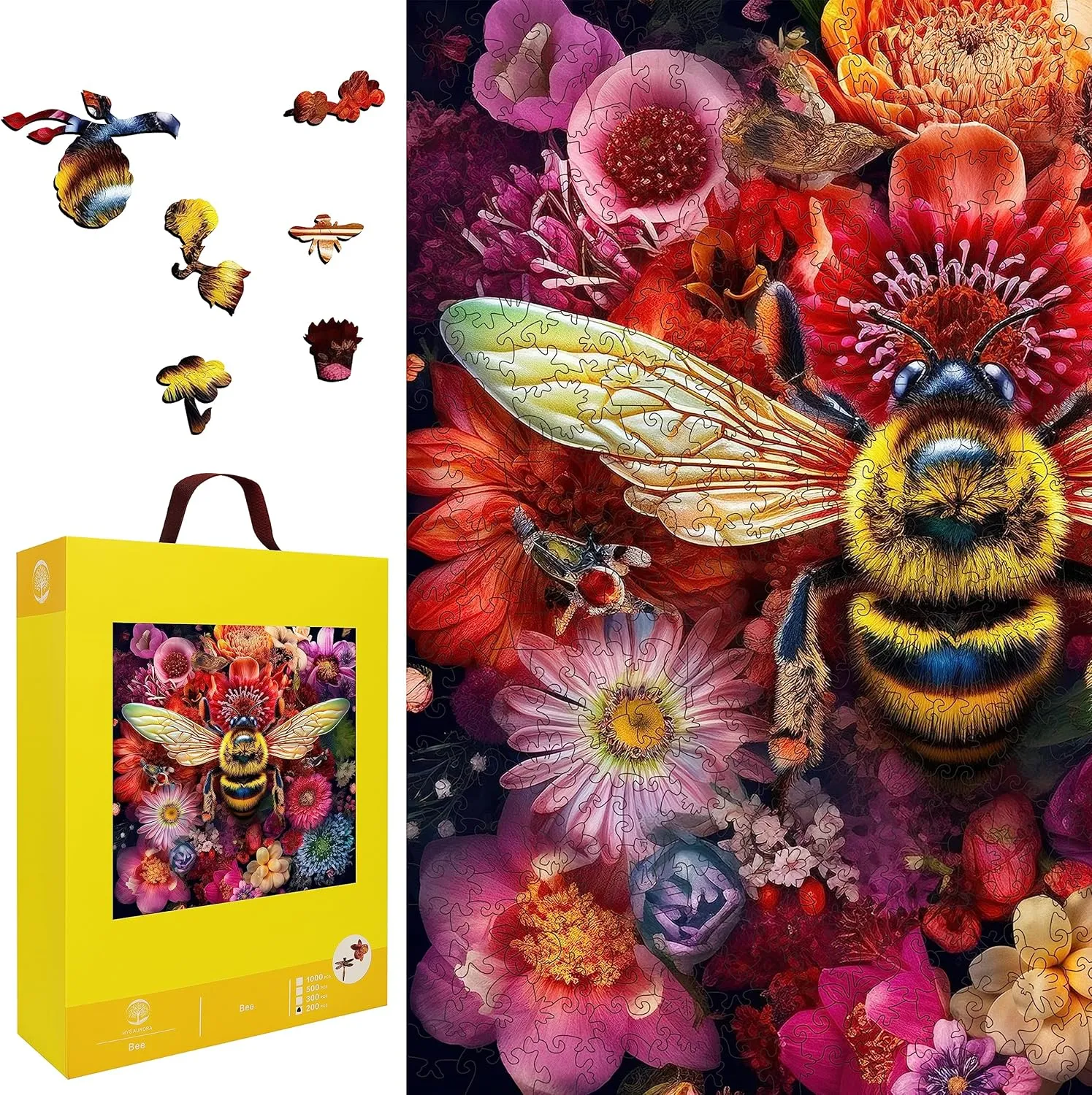 Colorful battlefield factor understate Beautiful Box Fun Challenge Brain Health Family Game Creative Gift for Friends Rompecabezas Madera(Bee 200pcs) Wooden Jigsaw Puzzle for Adults and Kids Unique Shape Wood 