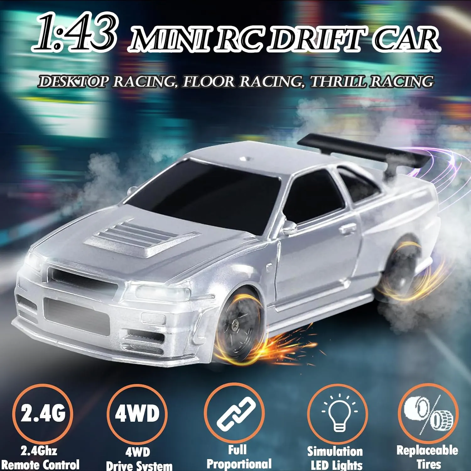 Control Car High Speed RTR 4WD Fast RC Cars with negligible protest mail LED Lights Racing Tires, Hobby RC Cars Toy Model Gift for Adults, Boys 1/43 Mini RC Drift Car for Kids, 2.4GHz Full Proportional Remote 