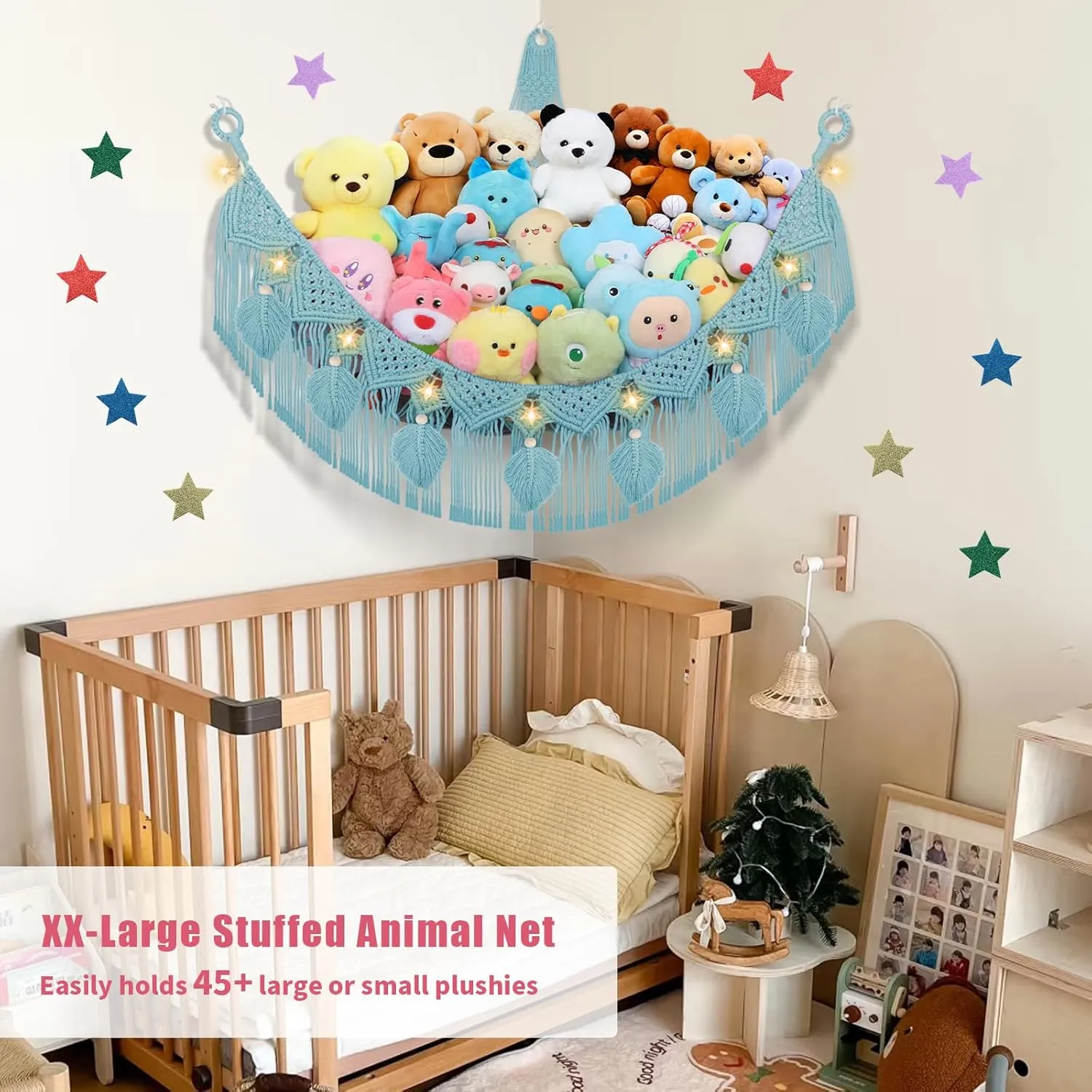 Corner - 56'' Jumbo Handcrafted 5mm Double Macrame Cord Stuffed Animal Storage Net - 100% Natural Cotton Toy Hammock Holder - Turquoise Stuffy Plushie Net w/LED Star Light Stuffed Animal imperative Hammock 