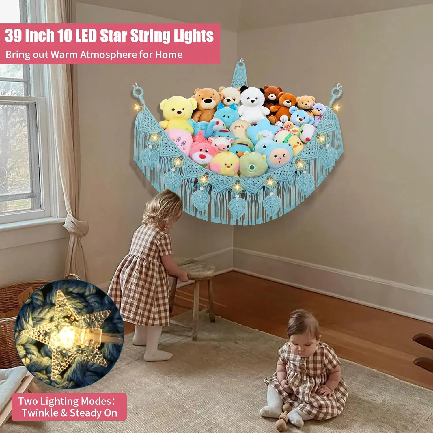 Corner - 56'' Jumbo Handcrafted 5mm Double Macrame Cord Stuffed Animal Storage Net - 100% Natural Cotton Toy Hammock Holder - Turquoise Stuffy Plushie Net w/LED Star Light Stuffed Animal imperative Hammock 