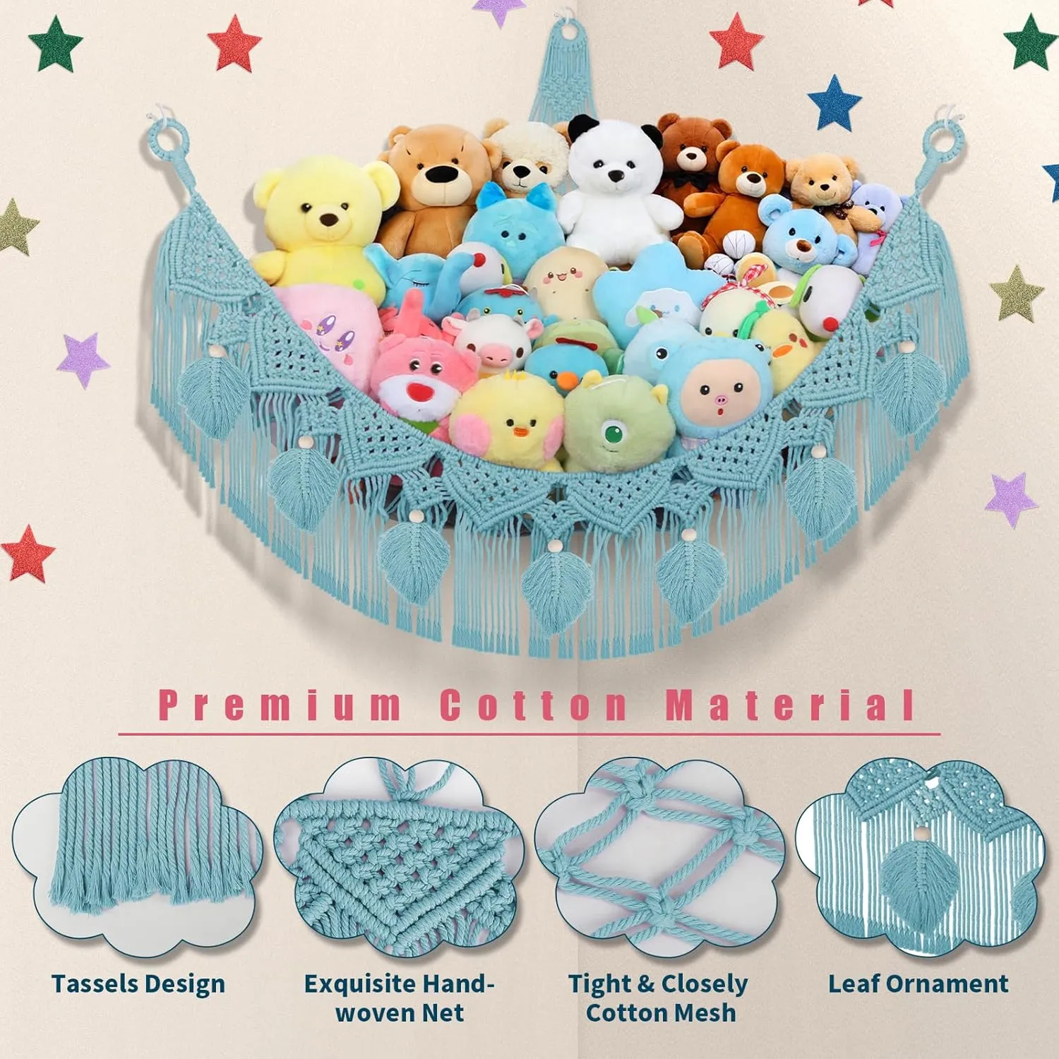 Corner - 56'' Jumbo Handcrafted 5mm Double Macrame Cord Stuffed Animal Storage Net - 100% Natural Cotton Toy Hammock Holder - Turquoise Stuffy Plushie Net w/LED Star Light Stuffed Animal imperative Hammock 