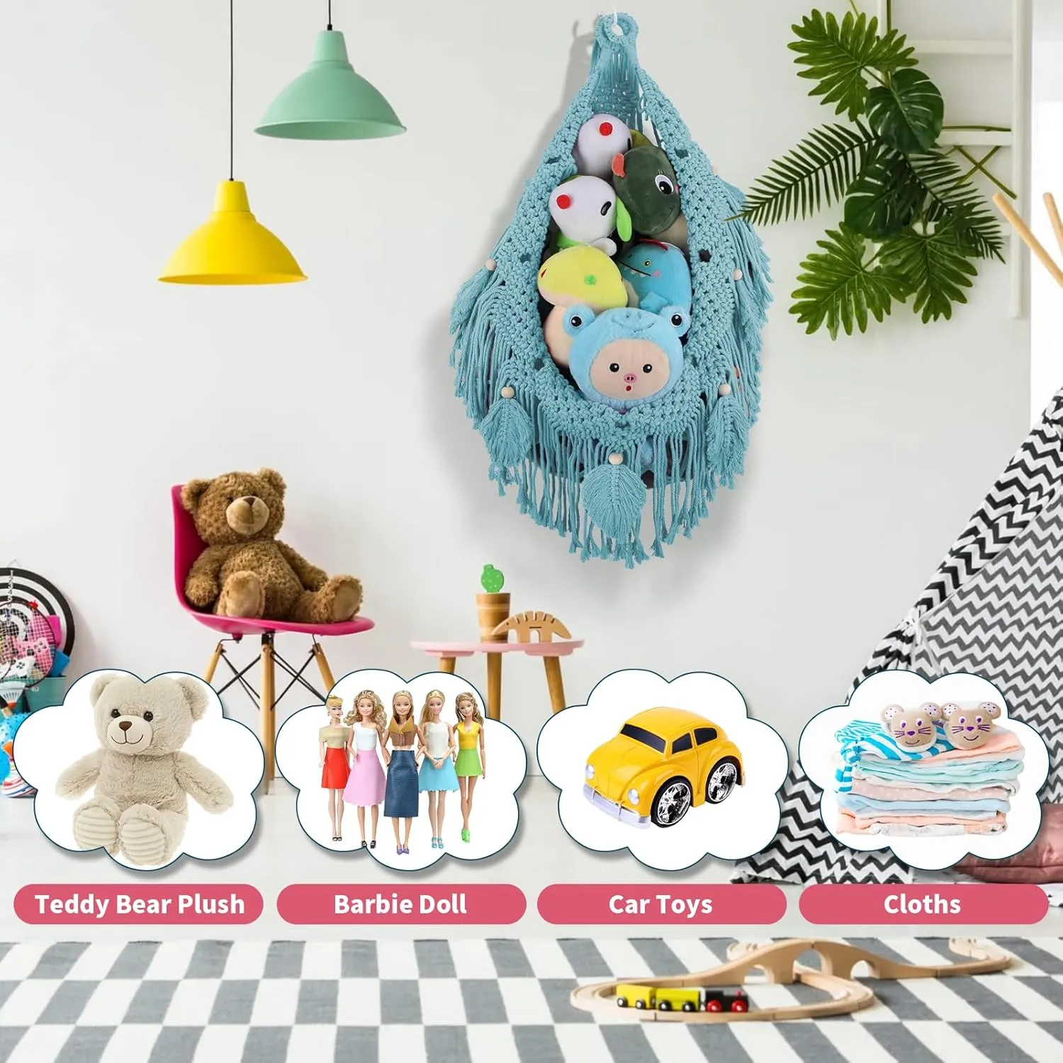 Corner - 56'' Jumbo Handcrafted 5mm Double Macrame Cord Stuffed Animal Storage Net - 100% Natural Cotton Toy Hammock Holder - Turquoise Stuffy Plushie Net w/LED Star Light Stuffed Animal imperative Hammock 