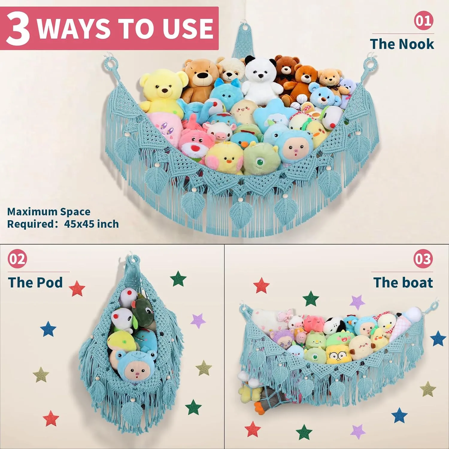 Corner - 56'' Jumbo Handcrafted 5mm Double Macrame Cord Stuffed Animal Storage Net - 100% Natural Cotton Toy Hammock Holder - Turquoise Stuffy Plushie Net w/LED Star Light Stuffed Animal imperative Hammock 