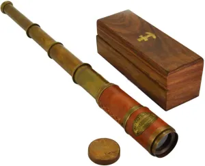 crustal with Wood Box Handmade Rustic Vintage Home Decor Gifts Beautiful Pink Leather Encased Brass Telescope 