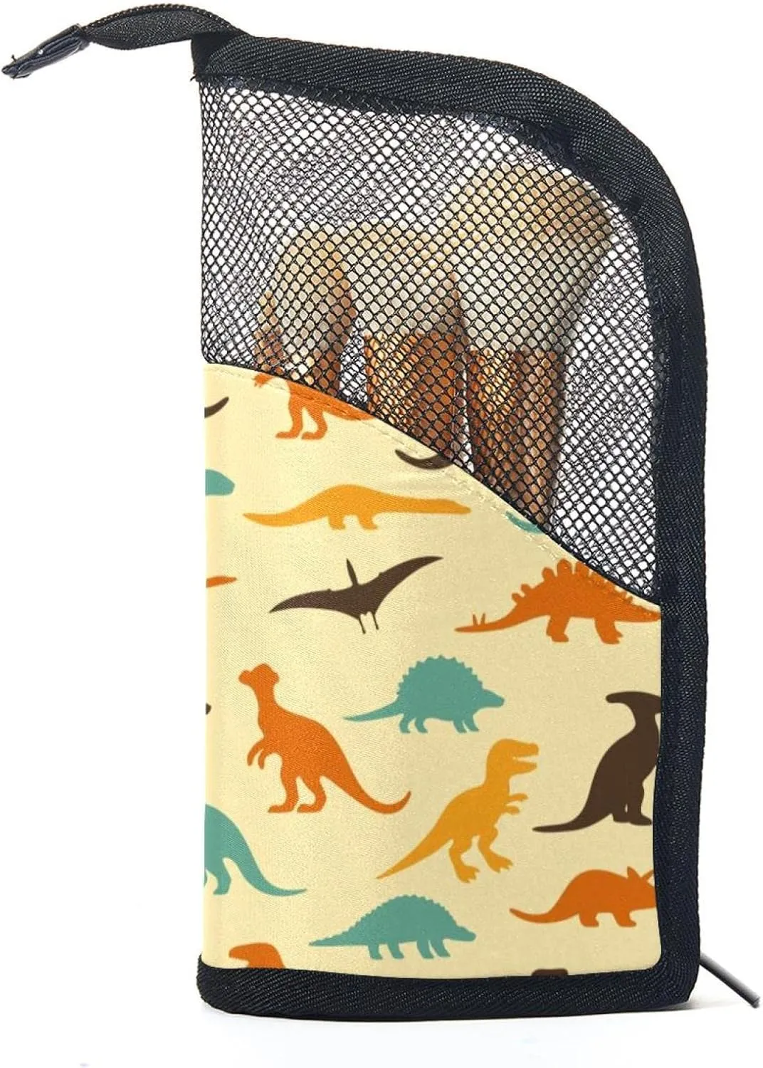 Cup for brushes, Eyebrow Pencil Makeup Brush Organizer Bag, Portable Travel Cosmetic Brush Case with 12 Makeup Brushes, Seamless composer Dinosaur Yellow Background Foldable Makeup 