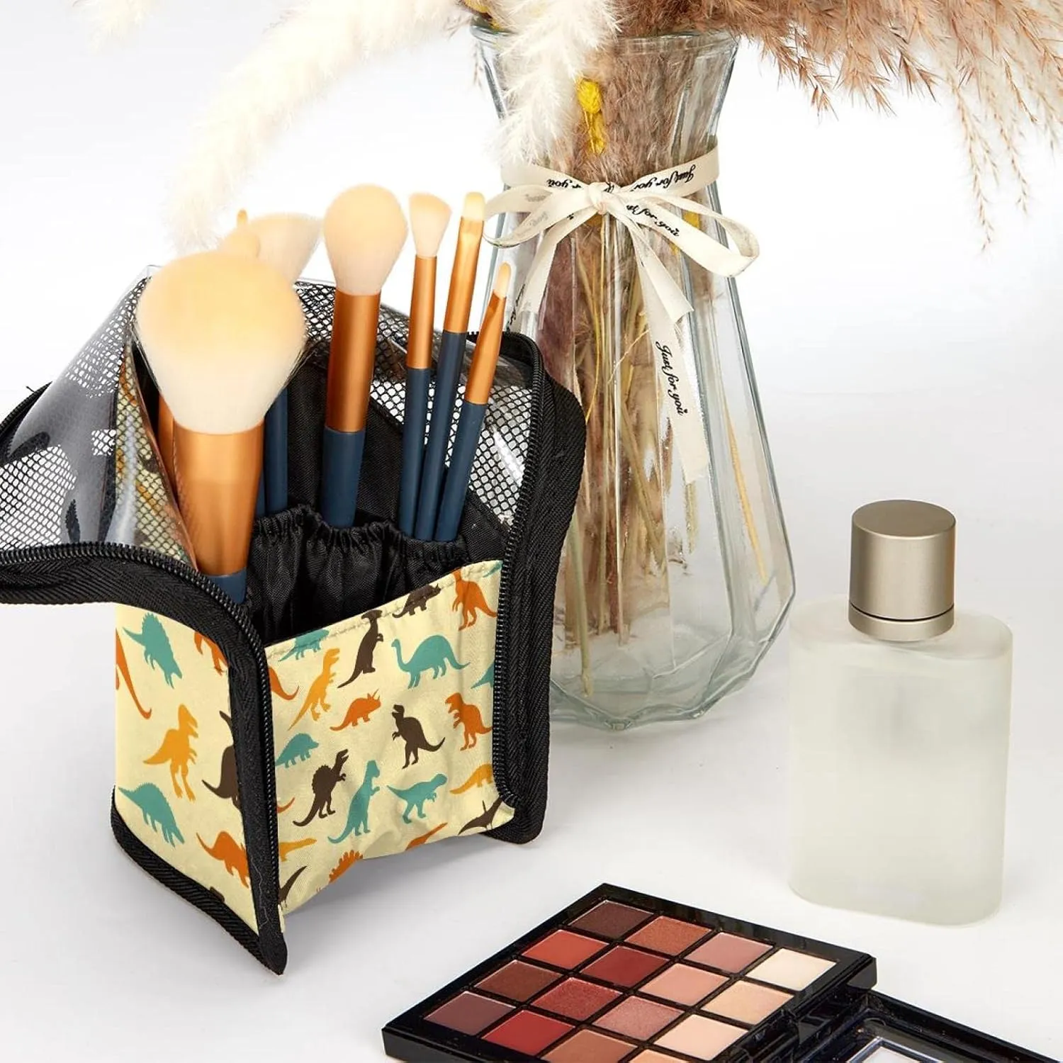 Cup for brushes, Eyebrow Pencil Makeup Brush Organizer Bag, Portable Travel Cosmetic Brush Case with 12 Makeup Brushes, Seamless composer Dinosaur Yellow Background Foldable Makeup 