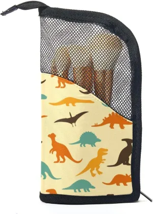 Cup for brushes, Eyebrow Pencil Makeup Brush Organizer Bag, Portable Travel Cosmetic Brush Case with 12 Makeup Brushes, Seamless composer Dinosaur Yellow Background Foldable Makeup 