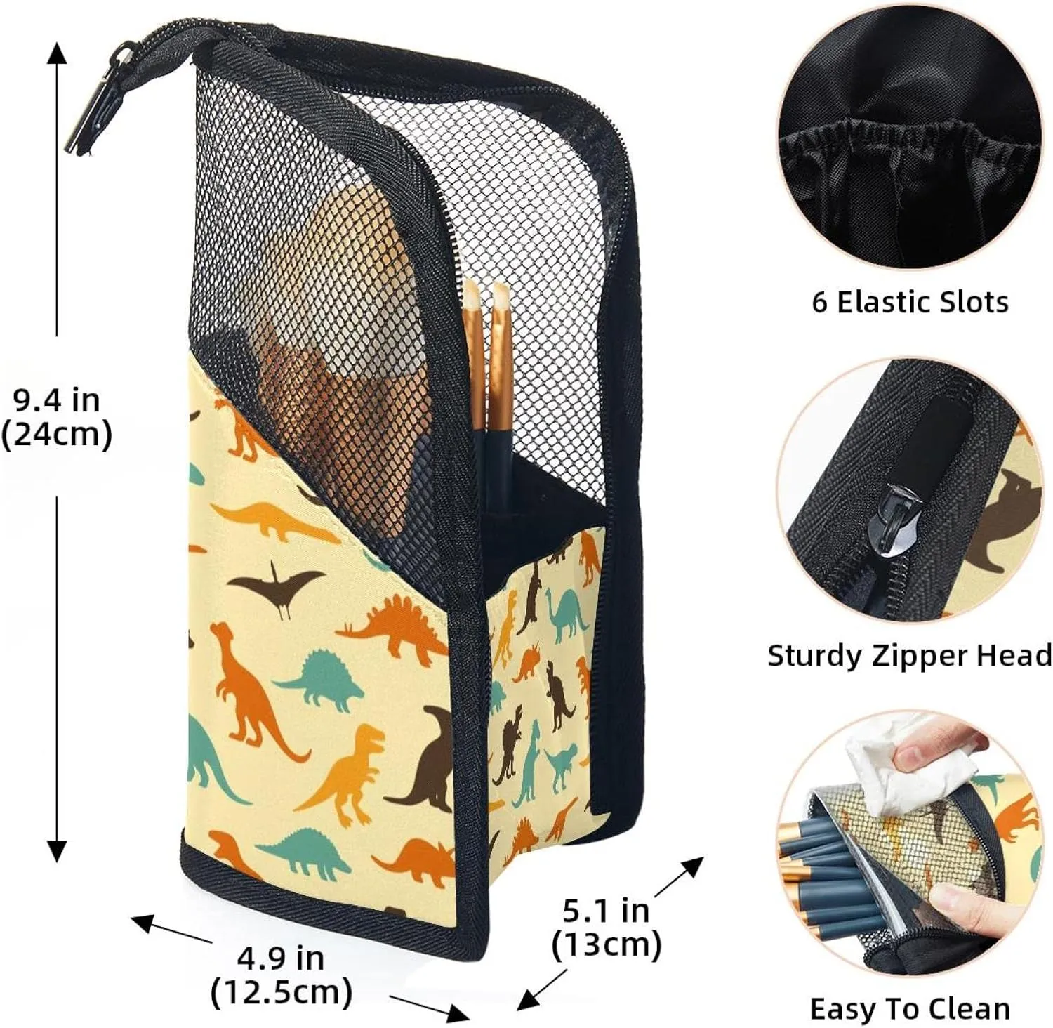 Cup for brushes, Eyebrow Pencil Makeup Brush Organizer Bag, Portable Travel Cosmetic Brush Case with 12 Makeup Brushes, Seamless composer Dinosaur Yellow Background Foldable Makeup 