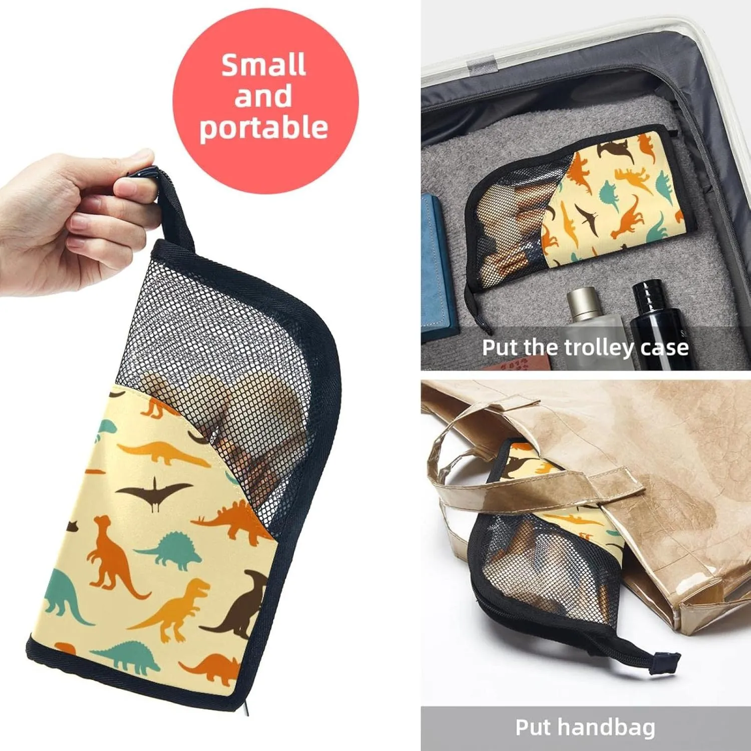 Cup for brushes, Eyebrow Pencil Makeup Brush Organizer Bag, Portable Travel Cosmetic Brush Case with 12 Makeup Brushes, Seamless composer Dinosaur Yellow Background Foldable Makeup 