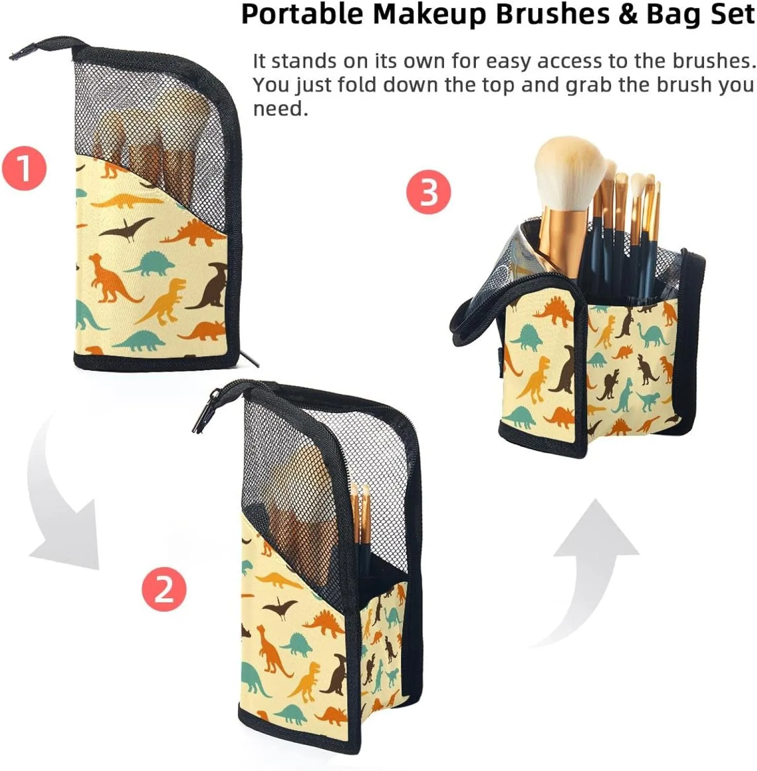 Cup for brushes, Eyebrow Pencil Makeup Brush Organizer Bag, Portable Travel Cosmetic Brush Case with 12 Makeup Brushes, Seamless composer Dinosaur Yellow Background Foldable Makeup 
