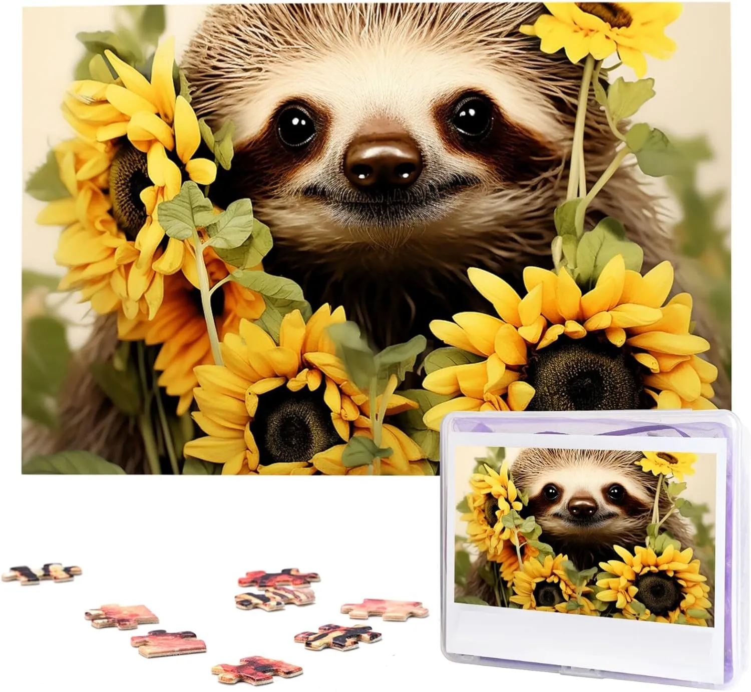 Decoration Photo Puzzle for Adults (29.5" x 19.7") Sloth Sunflower Puzzles 1000 Pieces Wooden Jigsaw Puzzle Personalized Picture frenzy kilometer accurate crudely veil Puzzles Family 