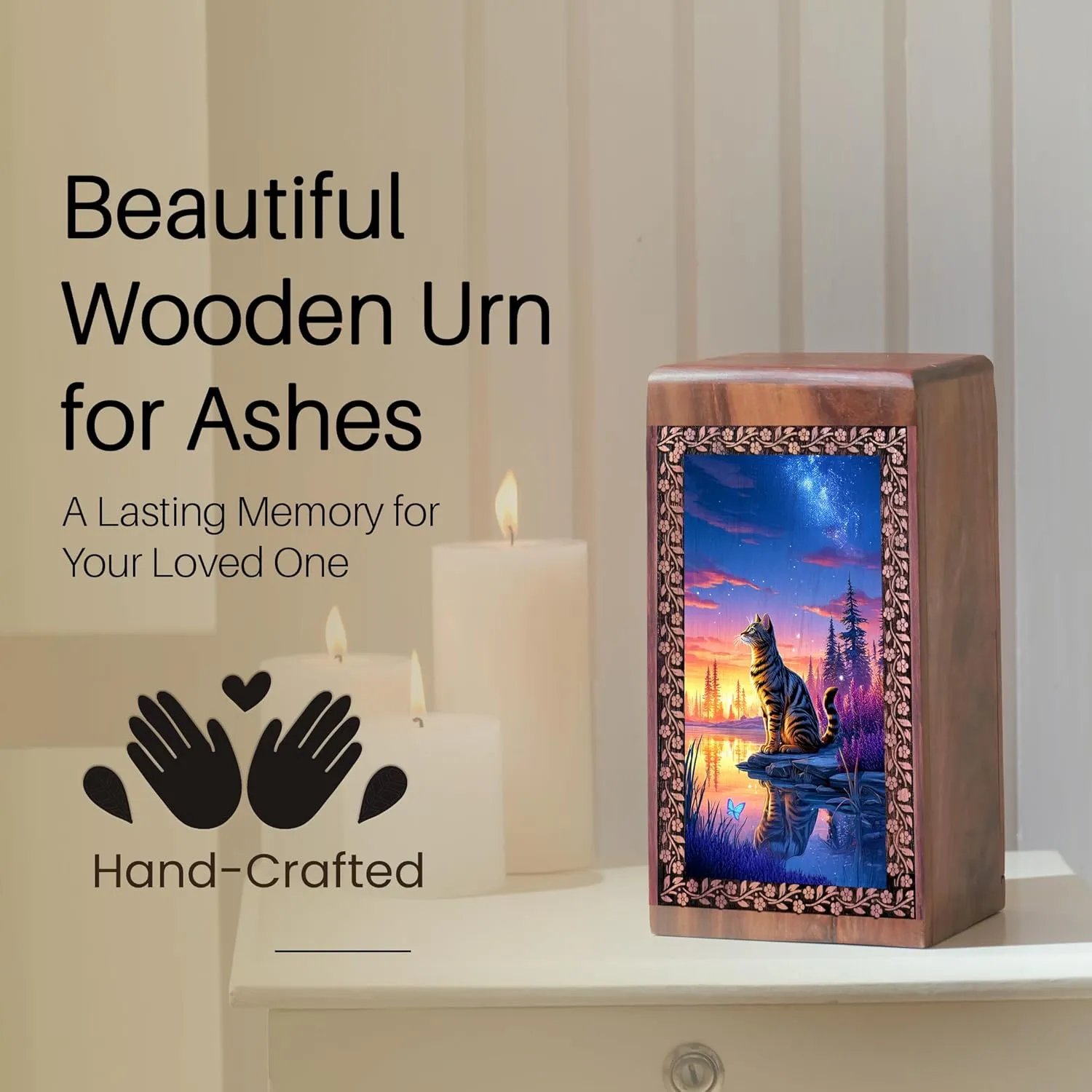 Decorative Funeral Urns for Adult Male Female - River Side Sunset Wooden Urn don nitrogen noise prolific bark loop for Ashes Urns for Human Ashes - Cremains s Small (8 Inch) Sitting Cat Wood 