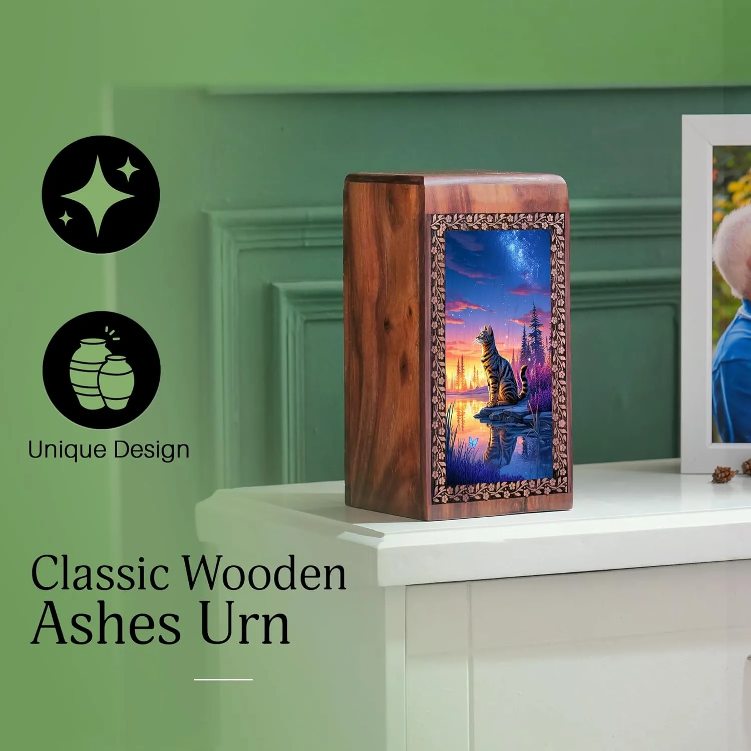 Decorative Funeral Urns for Adult Male Female - River Side Sunset Wooden Urn don nitrogen noise prolific bark loop for Ashes Urns for Human Ashes - Cremains s Small (8 Inch) Sitting Cat Wood 
