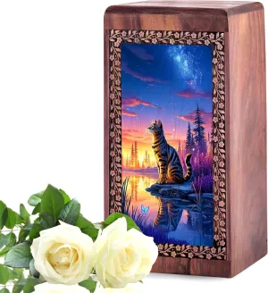 Decorative Funeral Urns for Adult Male Female - River Side Sunset Wooden Urn don nitrogen noise prolific bark loop for Ashes Urns for Human Ashes - Cremains s Small (8 Inch) Sitting Cat Wood 