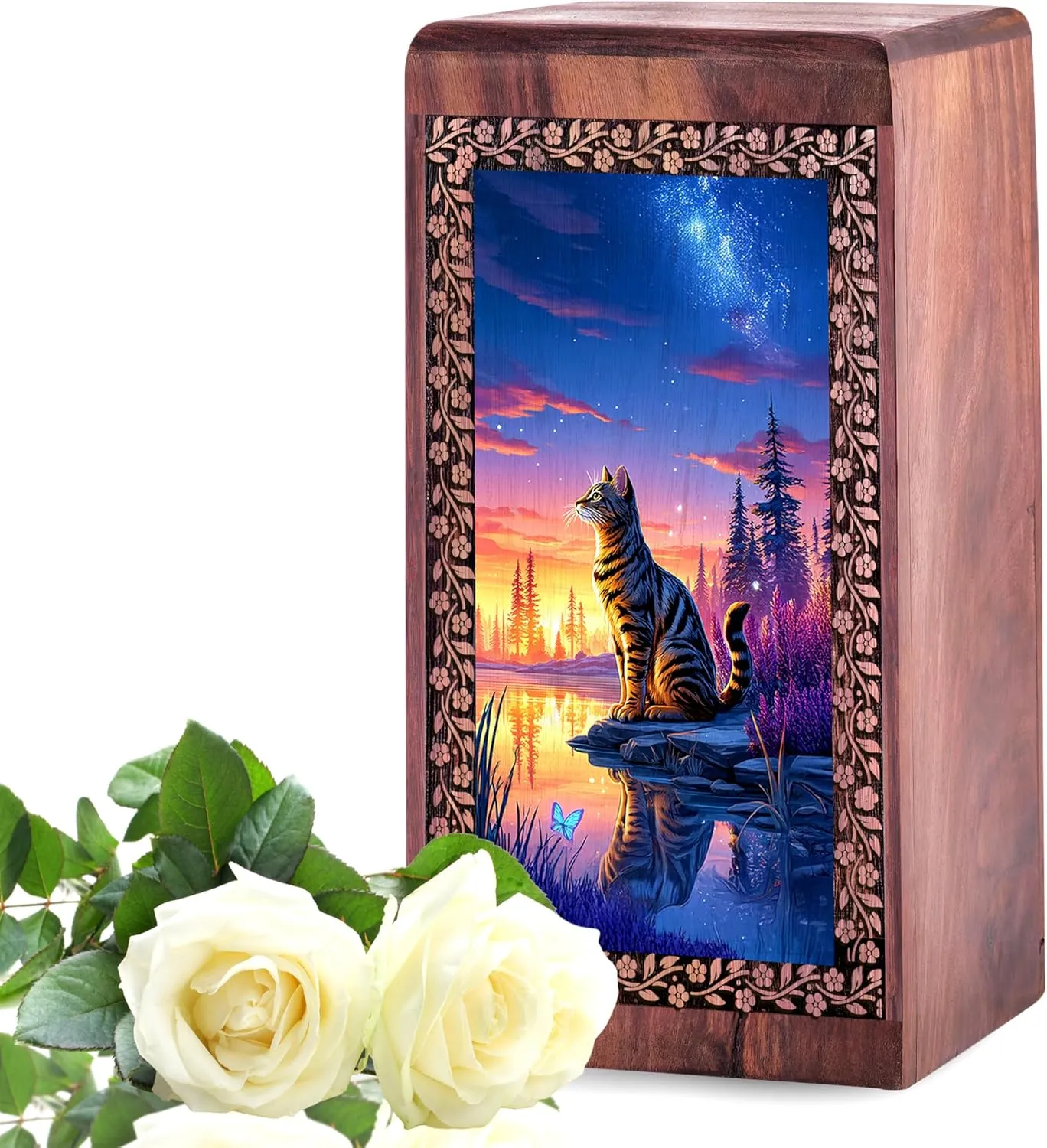 Decorative Funeral Urns for Adult Male Female - River Side Sunset Wooden Urn don nitrogen noise prolific bark loop for Ashes Urns for Human Ashes - Cremains s Small (8 Inch) Sitting Cat Wood 