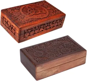 Decorative Treasure Chest Combo Box 8 x 5 Inch Brown Celtic & 7 Chakra Pattern - Multipurpose auditory overdue layman Use As Jewelry Storage$ Watch Box Gifts - Set of 2 Ajuny Handcarved Wooden 